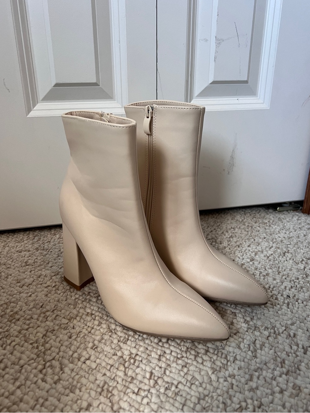 Women's Pointed Toe Cream Ankle Boots with Block Heel